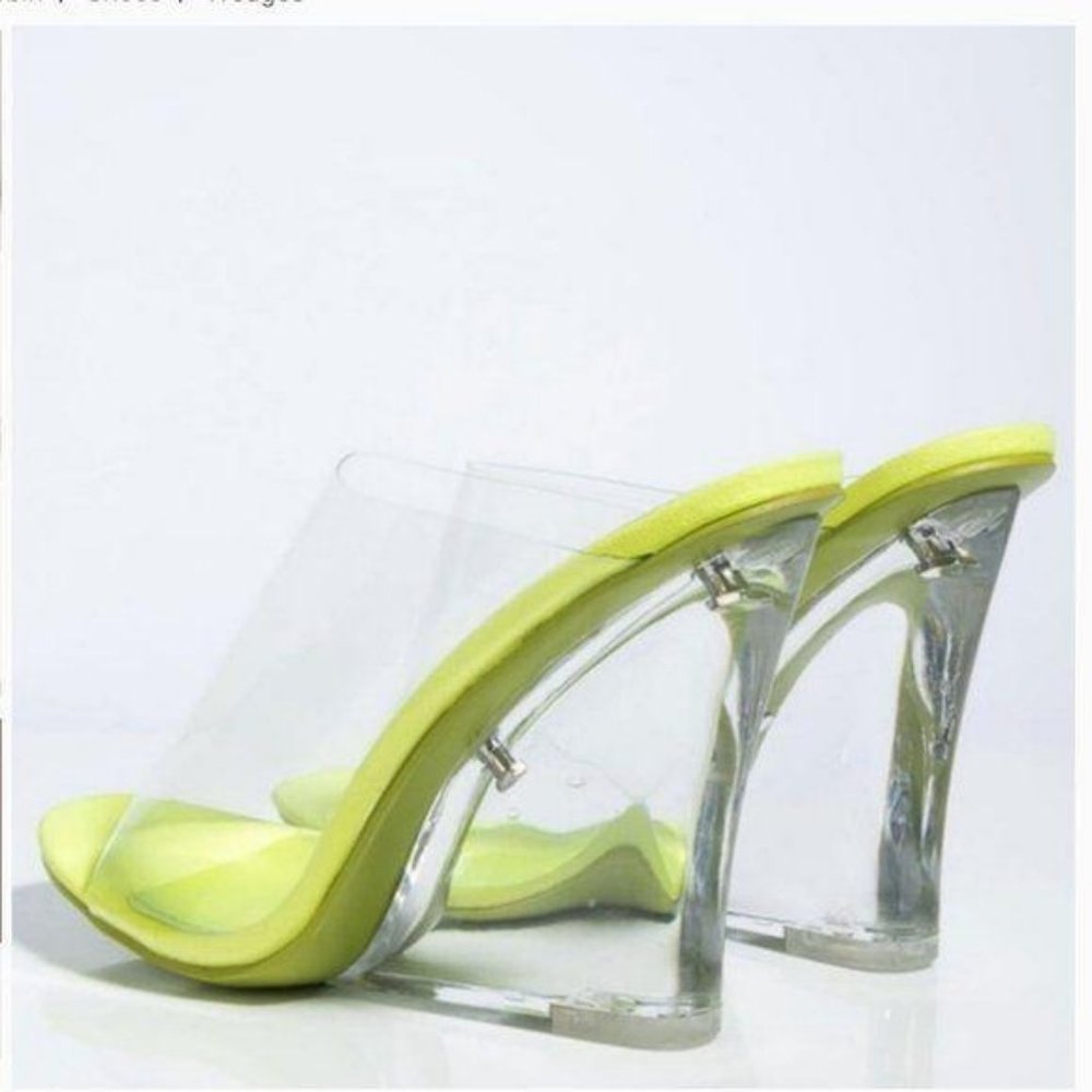 Clear Peep Toe Lucite Wedges in Lime - Picture 2 of 9